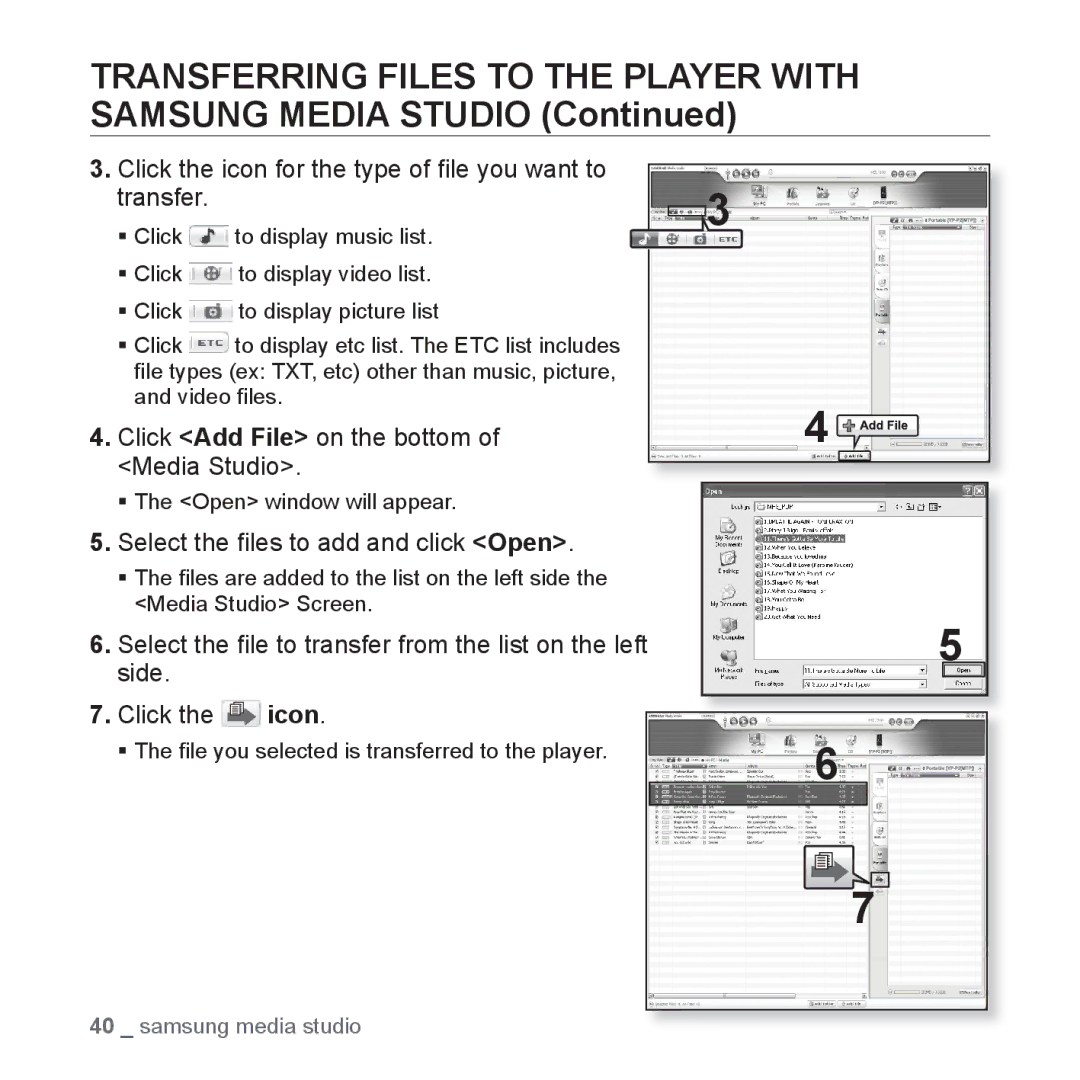 Samsung YP-P2 Transferring Files to the Player with Samsung Media Studio, Click Add File on the bottom of Media Studio 