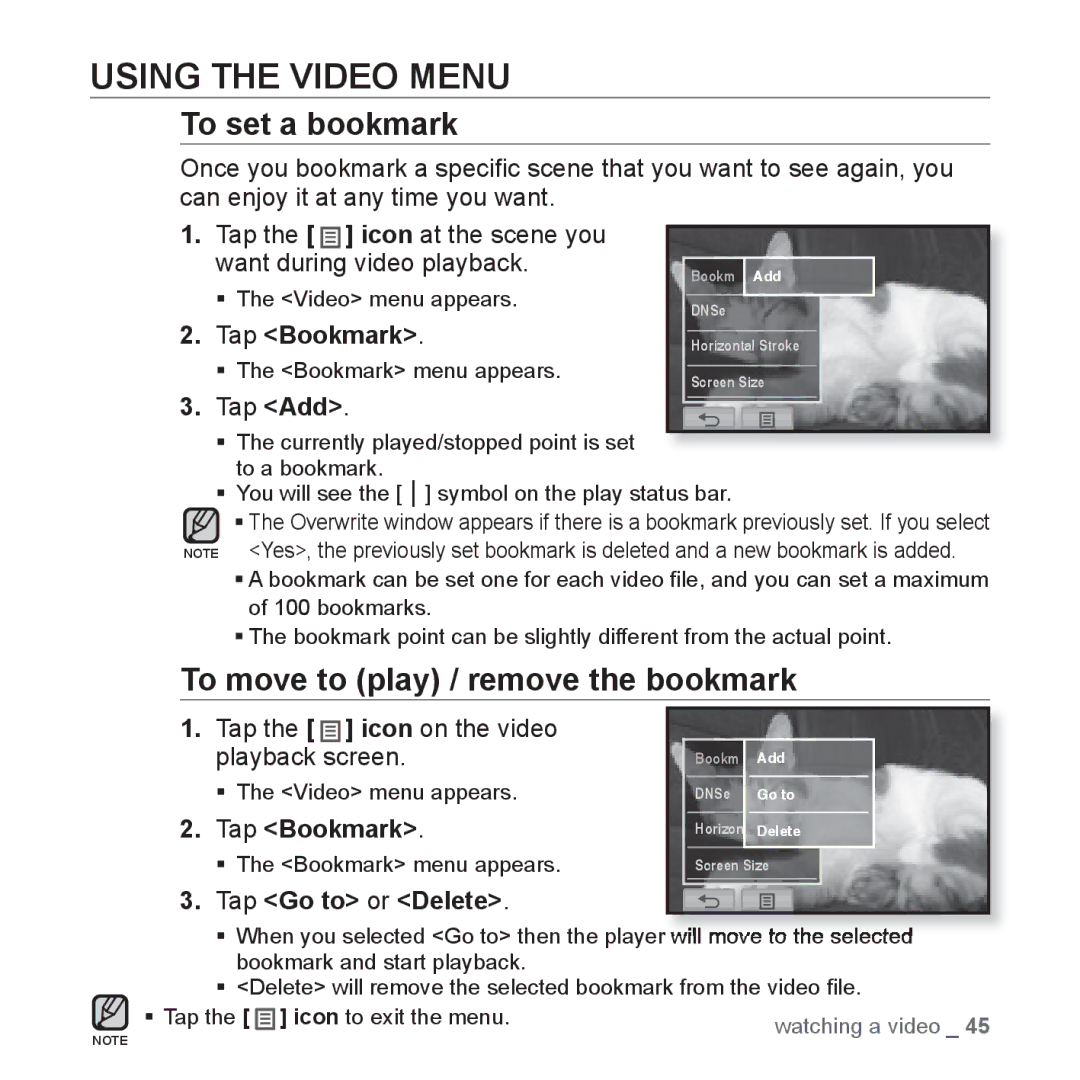 Samsung YP-P2 user manual Using the Video Menu, To set a bookmark, To move to play / remove the bookmark, Tap Bookmark 