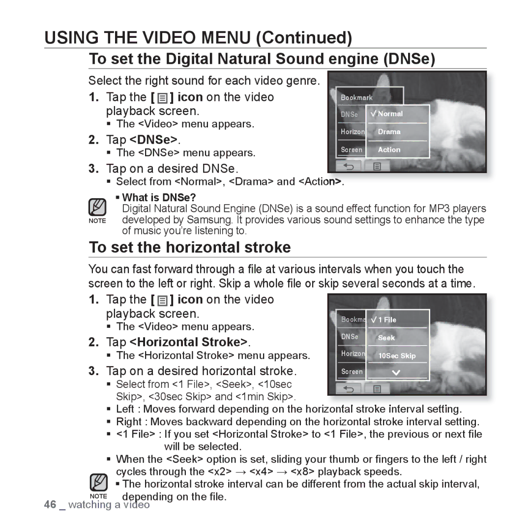 Samsung YP-P2 Using the Video Menu, To set the Digital Natural Sound engine DNSe, To set the horizontal stroke, Tap DNSe 