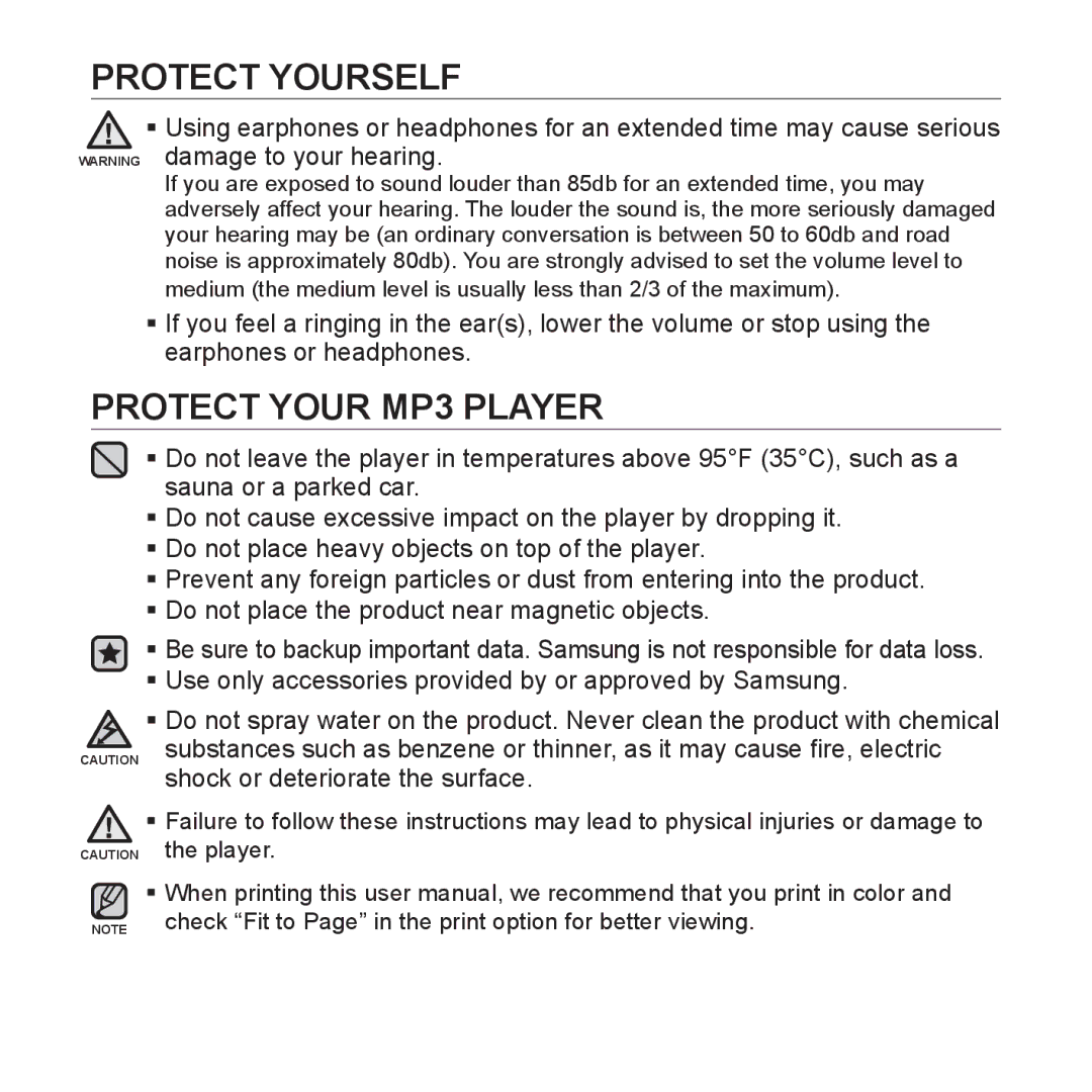 Samsung YP-P2 user manual Protect Your MP3 Player 