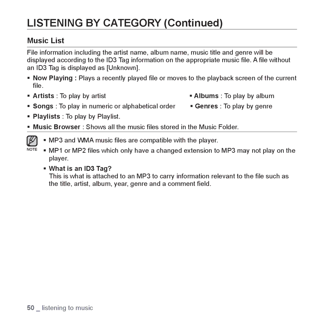 Samsung YP-P2 user manual Listening by Category, Music List 