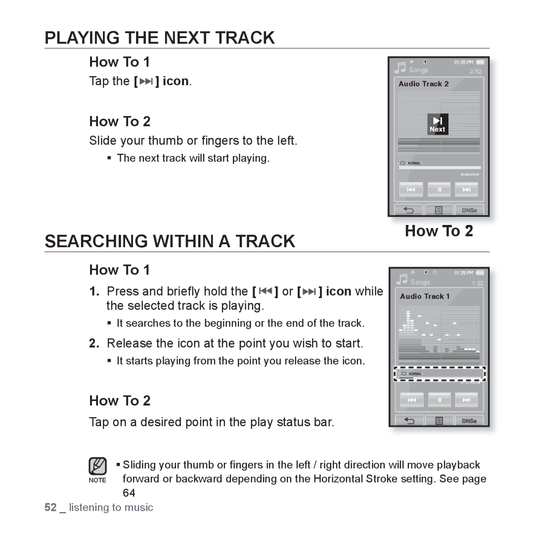 Samsung YP-P2 user manual Playing the Next Track, Searching Within a Track, Release the icon at the point you wish to start 