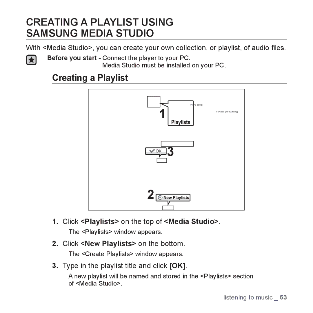 Samsung YP-P2 user manual Creating a Playlist Using Samsung Media Studio, Click Playlists on the top of Media Studio 