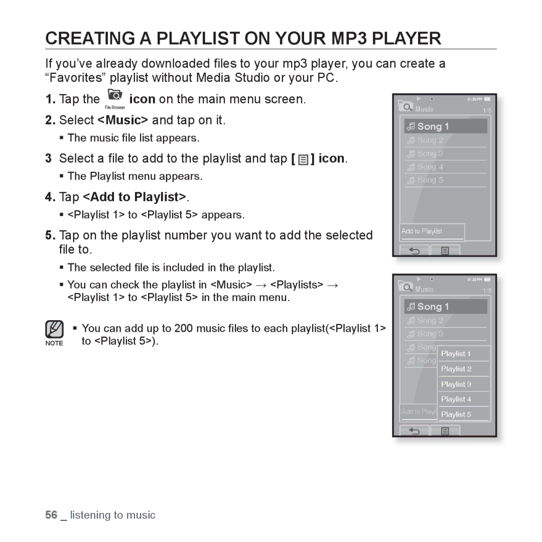 Samsung YP-P2 user manual Creating a Playlist on Your MP3 Player, Select a ﬁle to add to the playlist and tap icon 