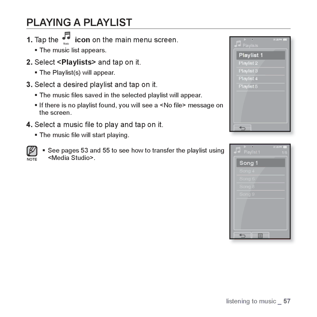 Samsung YP-P2 user manual Playing a Playlist, Select Playlists and tap on it, GSelect a desired playlist and tap on it 