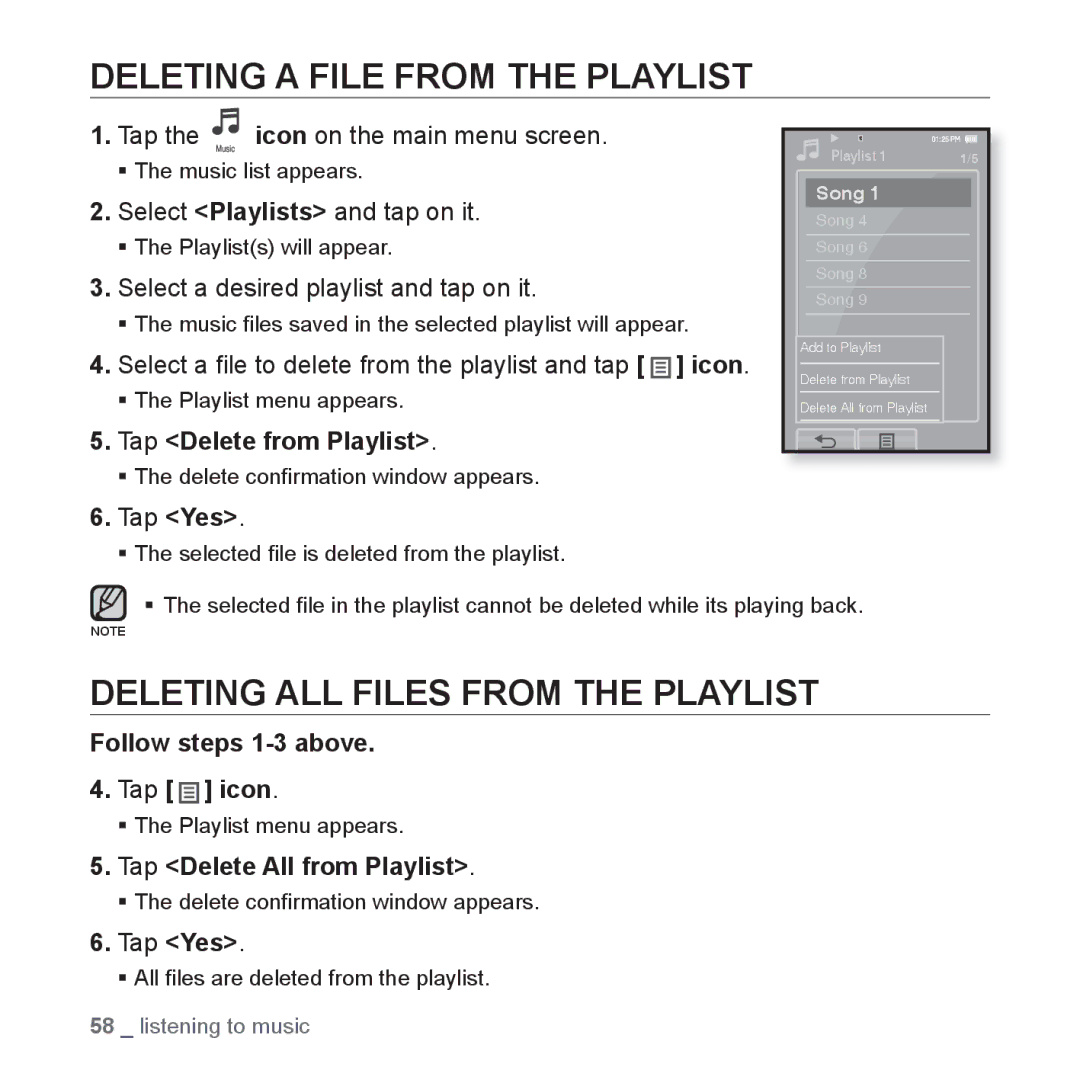 Samsung YP-P2 user manual Deleting a File from the Playlist, Deleting ALL Files from the Playlist, Tap Delete from Playlist 