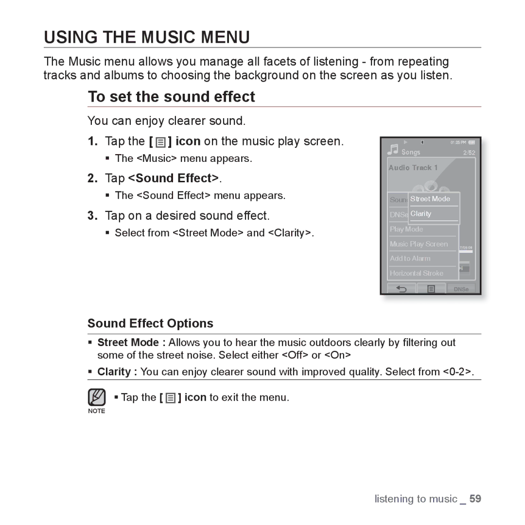 Samsung YP-P2 user manual Using the Music Menu, To set the sound effect, Tap Sound Effect, Tap on a desired sound effect 