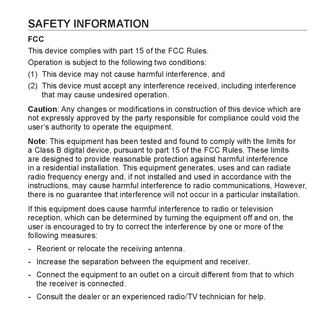 Samsung YP-P2 user manual Safety Information, Fcc 