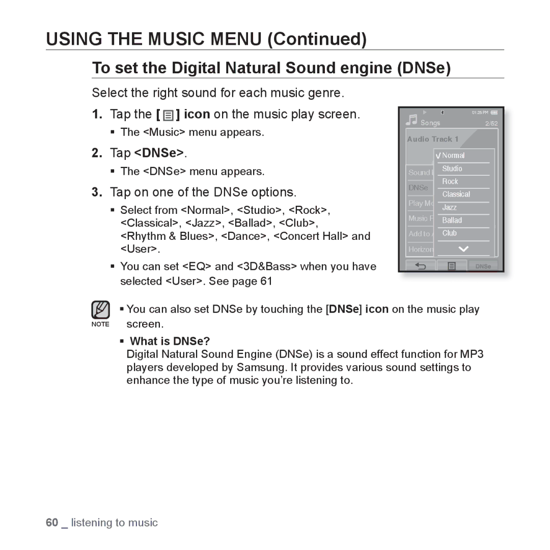 Samsung YP-P2 user manual Using the Music Menu, Tap on one of the DNSe options 