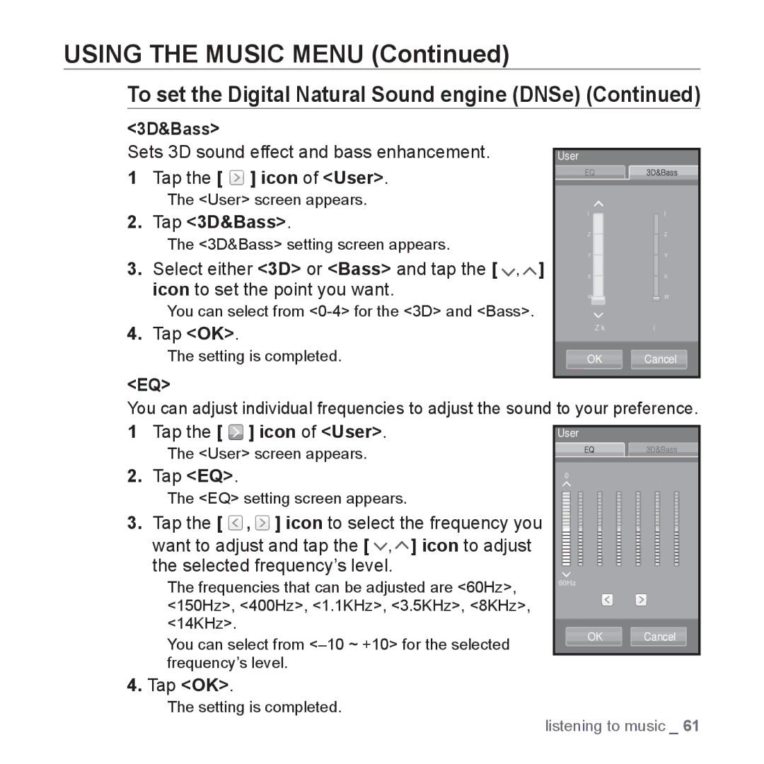 Samsung YP-P2 user manual Tap the icon of User, Tap 3D&Bass 