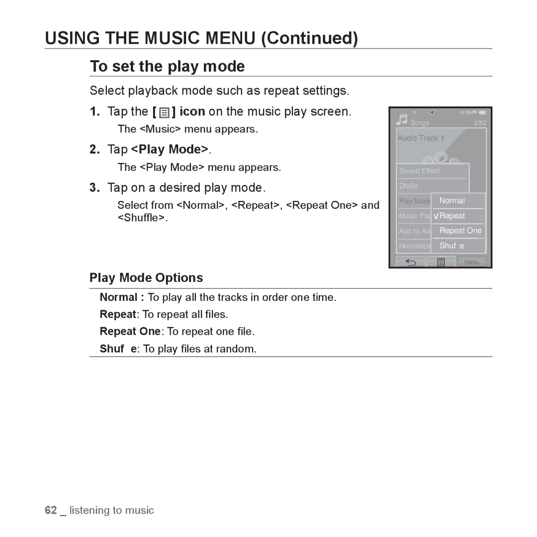 Samsung YP-P2 user manual To set the play mode, Tap Play Mode, Tap on a desired play mode, Play Mode Options 