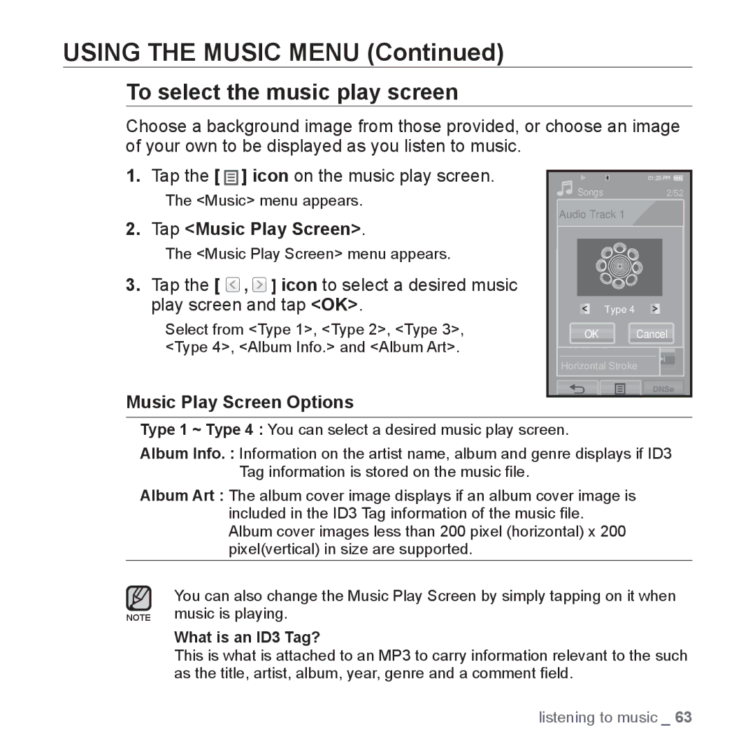 Samsung YP-P2 user manual To select the music play screen, Tap Music Play Screen, Music Play Screen Options 