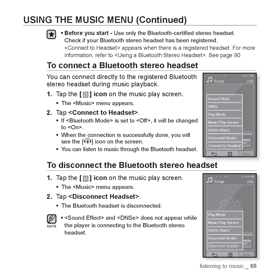 Samsung YP-P2 user manual To connect a Bluetooth stereo headset 