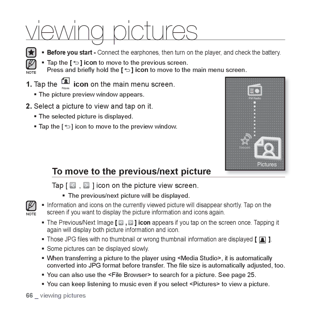 Samsung YP-P2 user manual Viewing pictures, To move to the previous/next picture, Select a picture to view and tap on it 