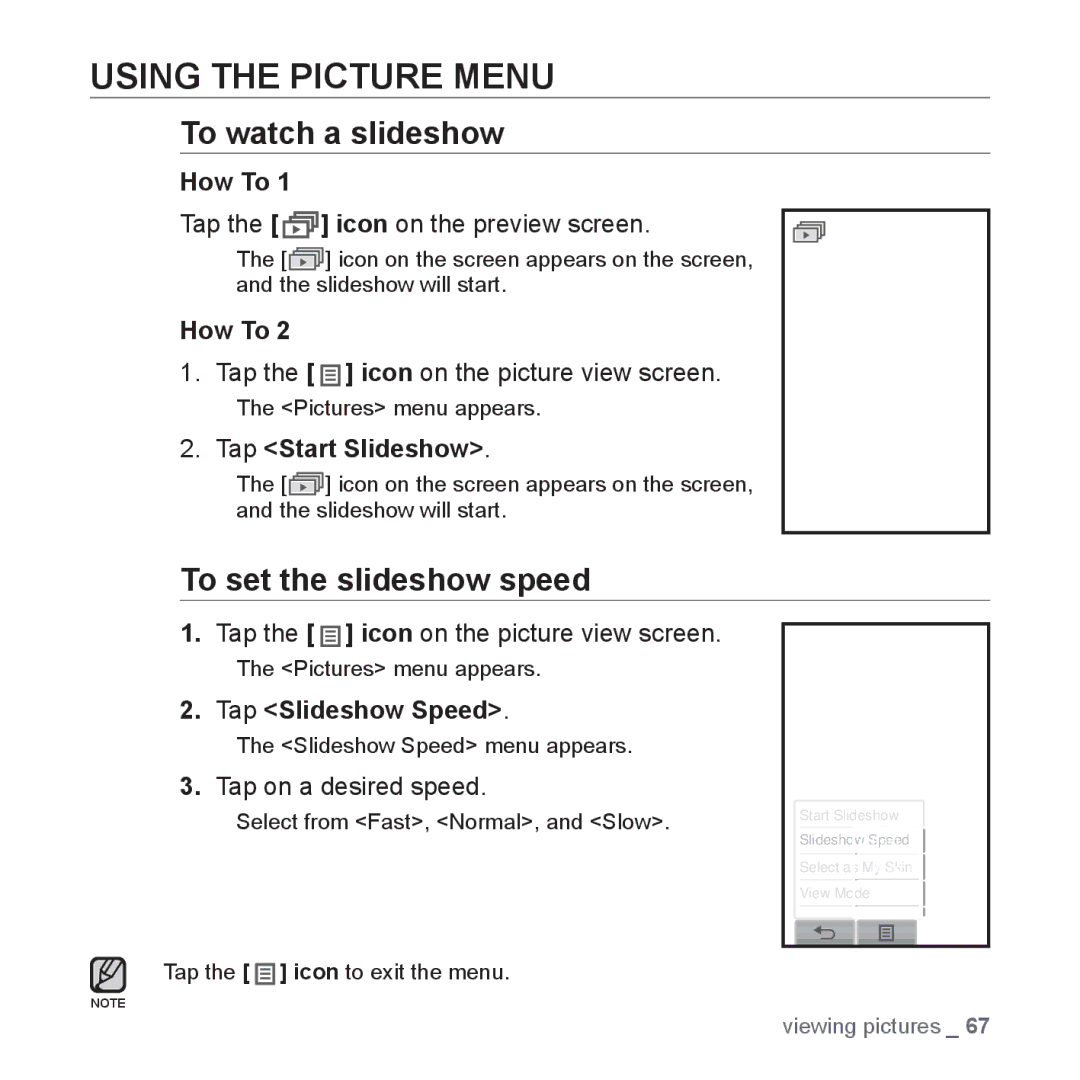 Samsung YP-P2 user manual Using the Picture Menu, To watch a slideshow, To set the slideshow speed, Tap Start Slideshow 