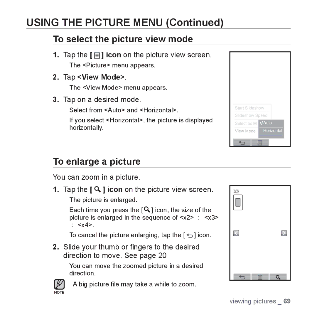 Samsung YP-P2 user manual To select the picture view mode, To enlarge a picture, Tap View Mode, Tap on a desired mode 