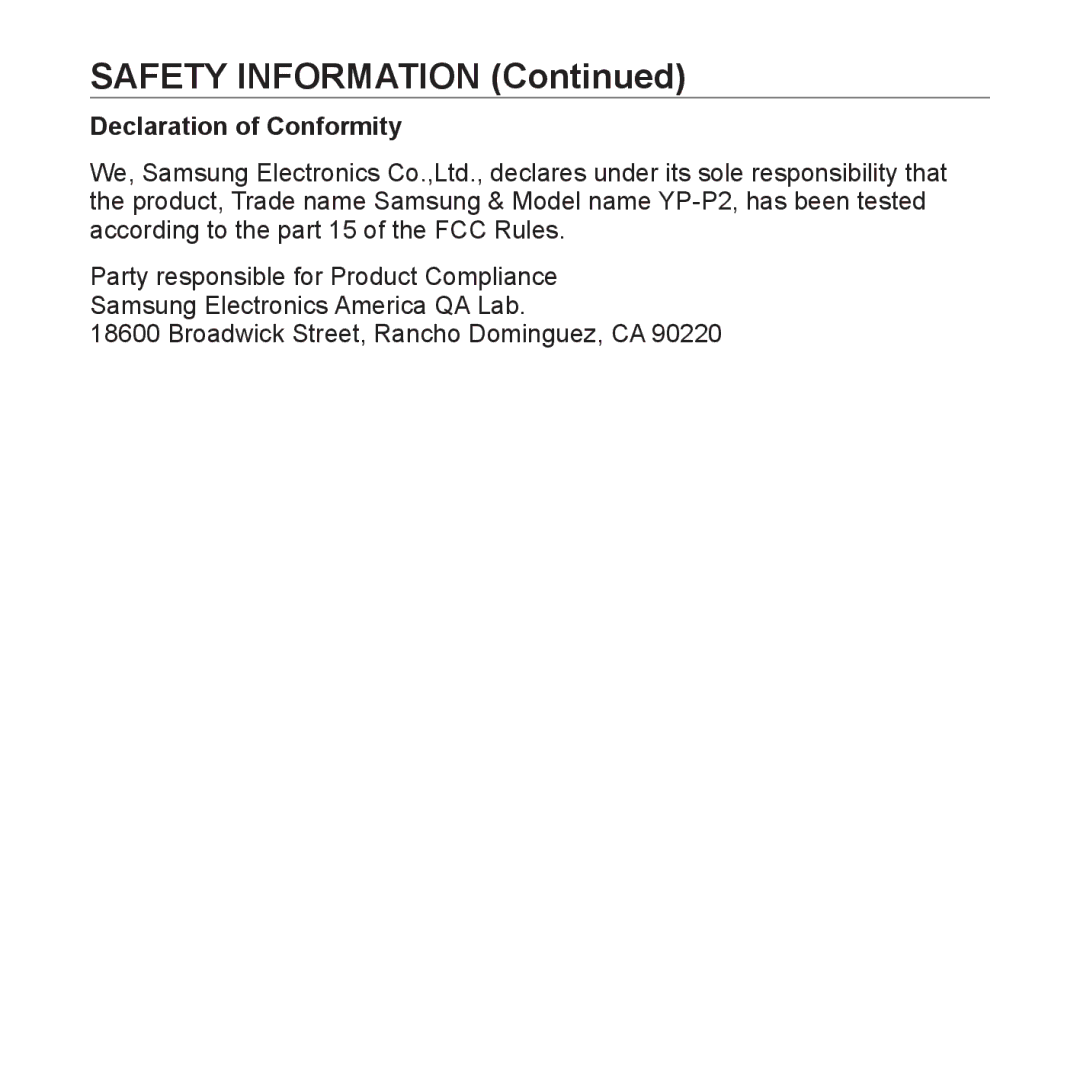 Samsung YP-P2 user manual Safety Information, Declaration of Conformity 