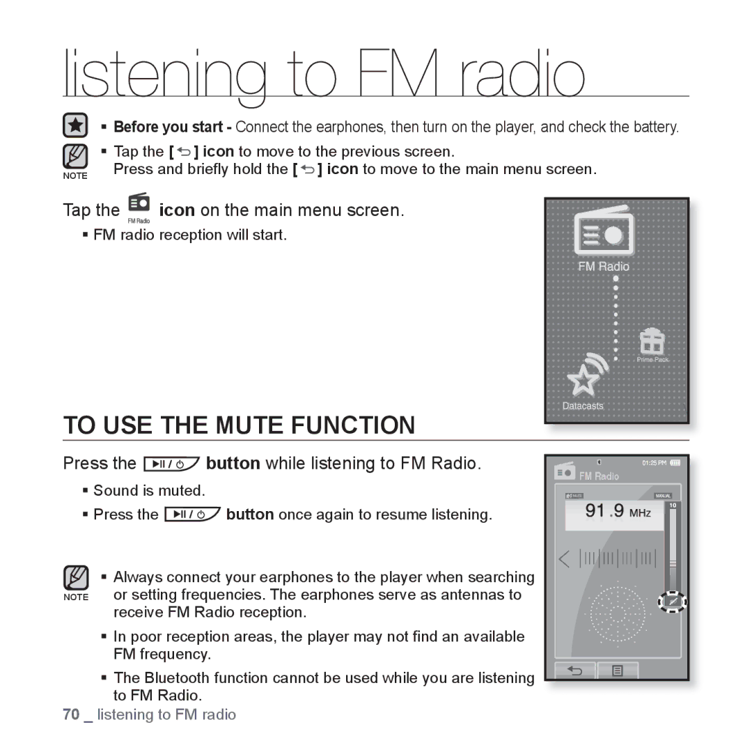 Samsung YP-P2 user manual Listening to FM radio, To USE the Mute Function, Press the button while listening to FM Radio 