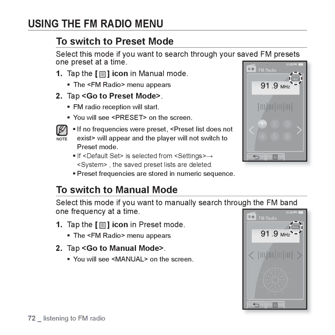 Samsung YP-P2 user manual Using the FM Radio Menu, To switch to Preset Mode, To switch to Manual Mode 