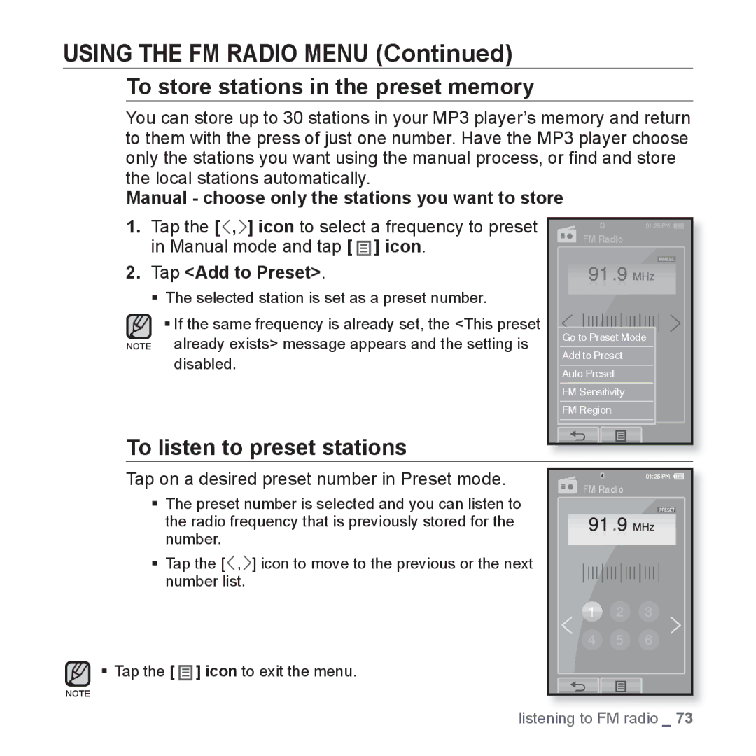 Samsung YP-P2 user manual Using the FM Radio Menu, To store stations in the preset memory, To listen to preset stations 