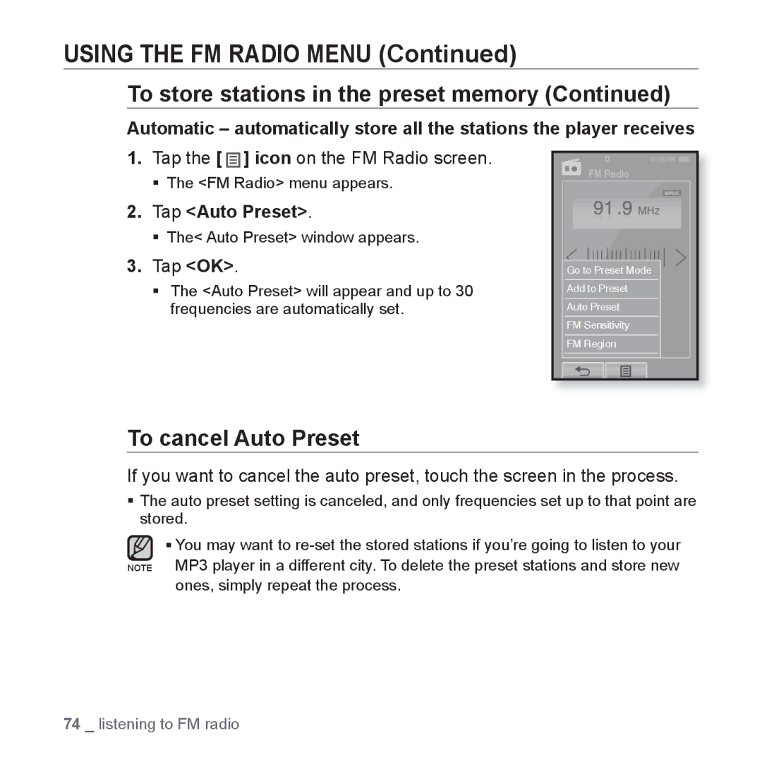 Samsung YP-P2 user manual To cancel Auto Preset, Tap the icon on the FM Radio screen, Tap Auto Preset, Tap OK 