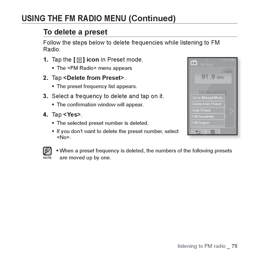 Samsung YP-P2 user manual To delete a preset, Tap Delete from Preset, Select a frequency to delete and tap on it 