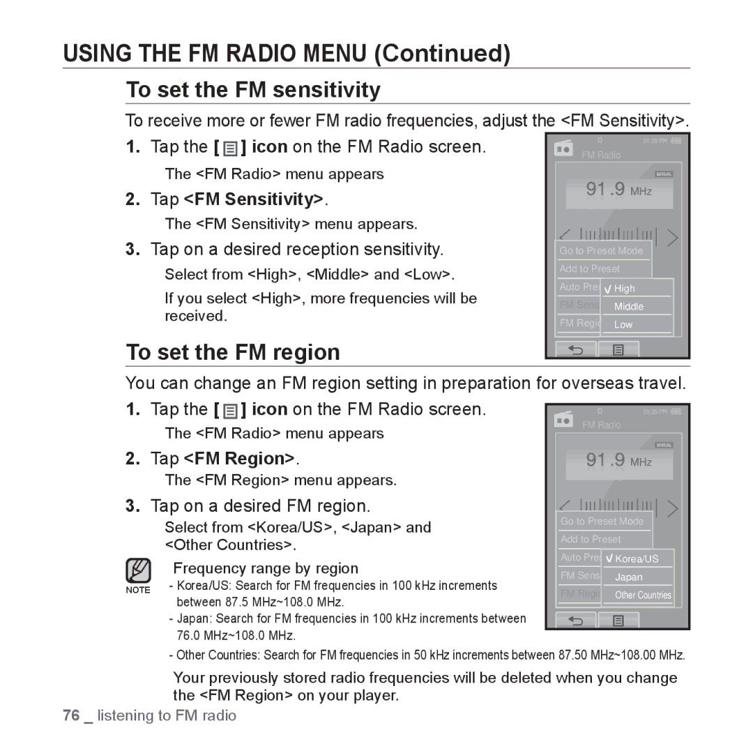 Samsung YP-P2 user manual To set the FM sensitivity, To set the FM region, Tap FM Sensitivity, Tap FM Region 