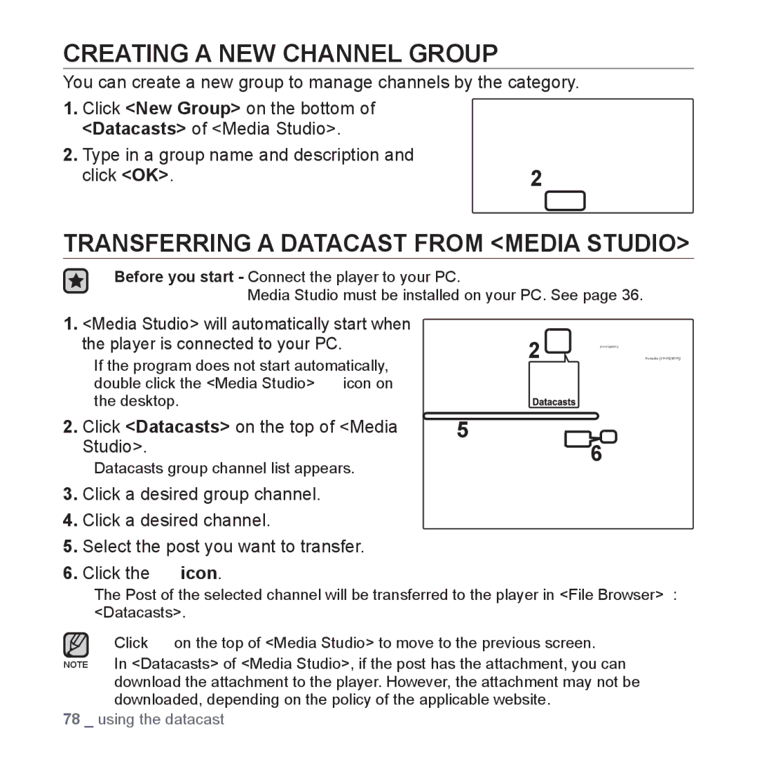 Samsung YP-P2 user manual Creating a NEW Channel Group, Transferring a Datacast from Media Studio 