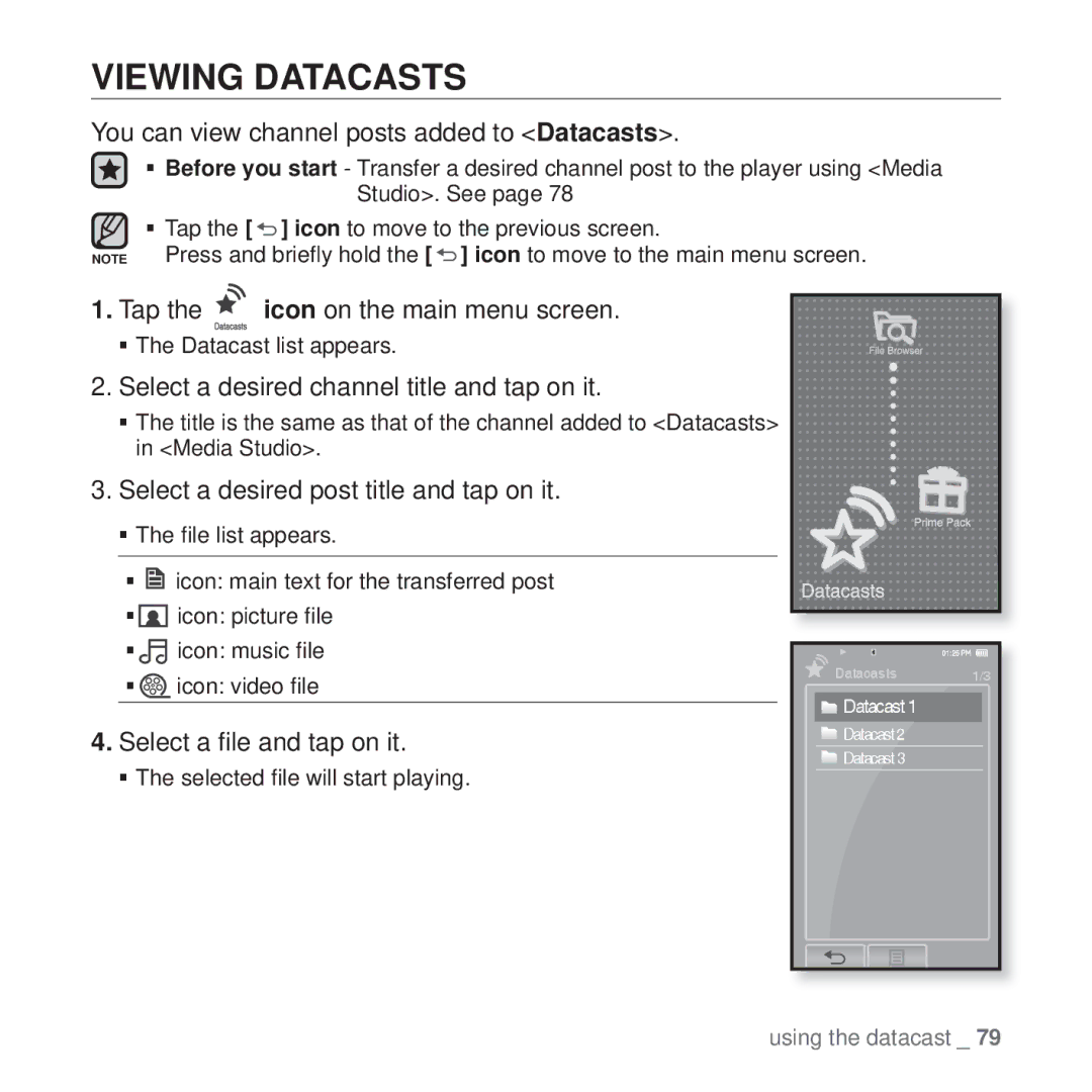 Samsung YP-P2 Viewing Datacasts, You can view channel posts added to Datacasts, Select a desired post title and tap on it 