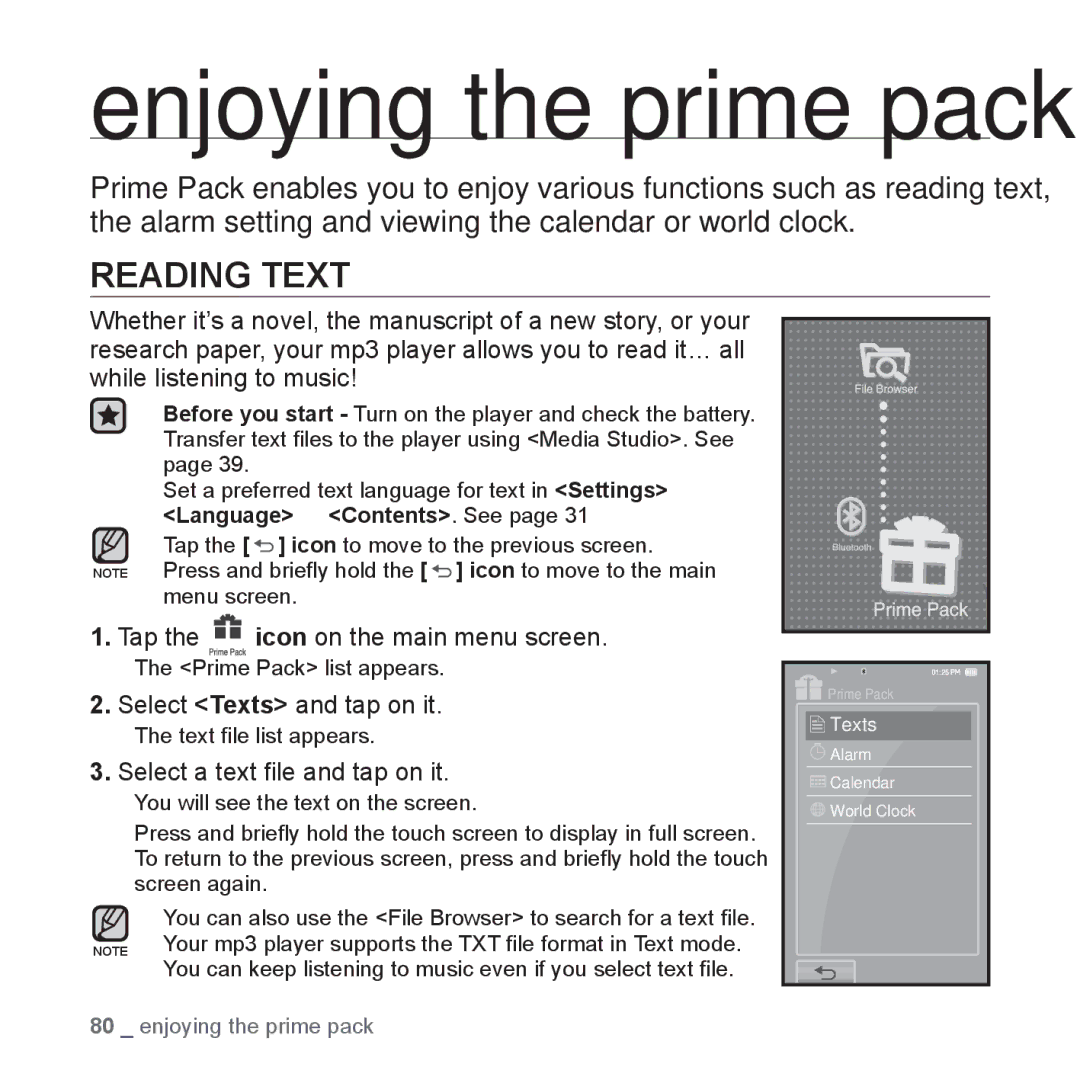 Samsung YP-P2 Enjoying the prime pack, Reading Text, Select Texts and tap on it, Select a text ﬁle and tap on it 