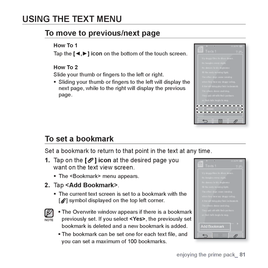 Samsung YP-P2 user manual Using the Text Menu, To move to previous/next, Tap Add Bookmark 