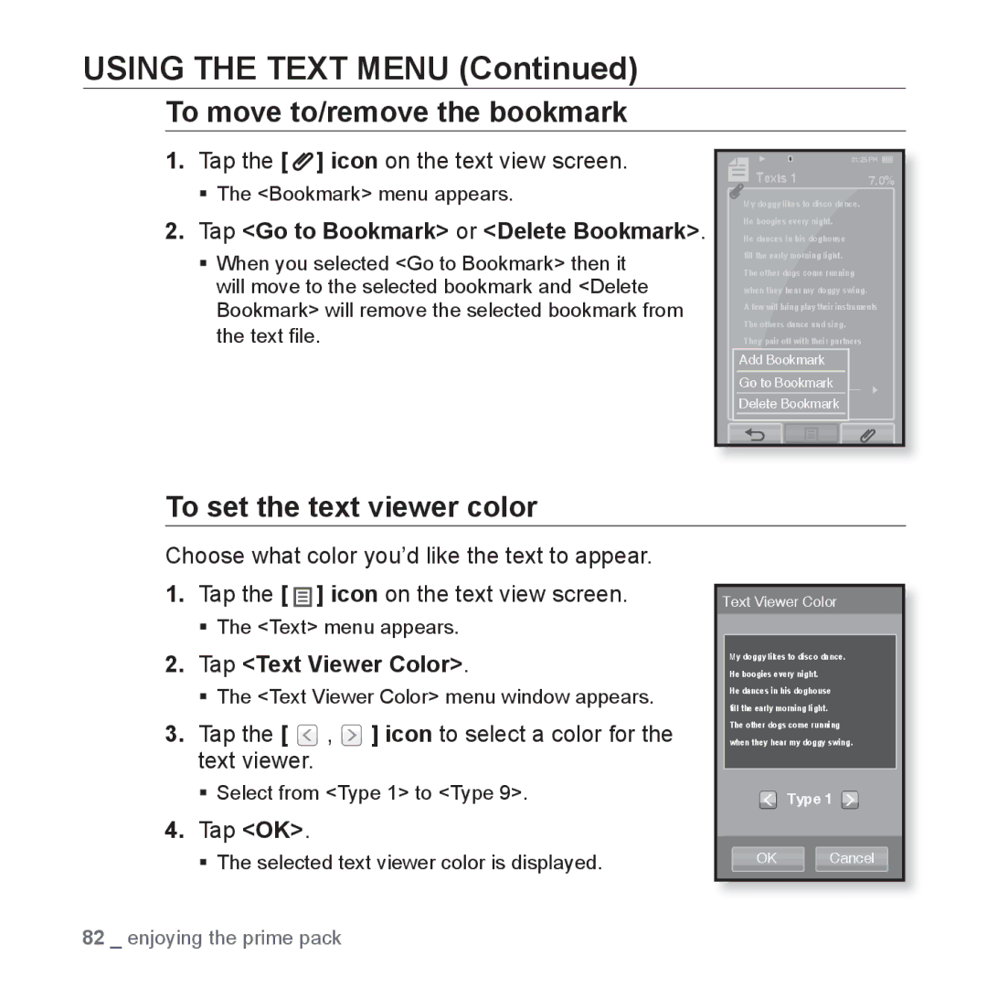 Samsung YP-P2 Using the Text Menu, To move to/remove the bookmark, To set the text viewer color, Tap Text Viewer Color 