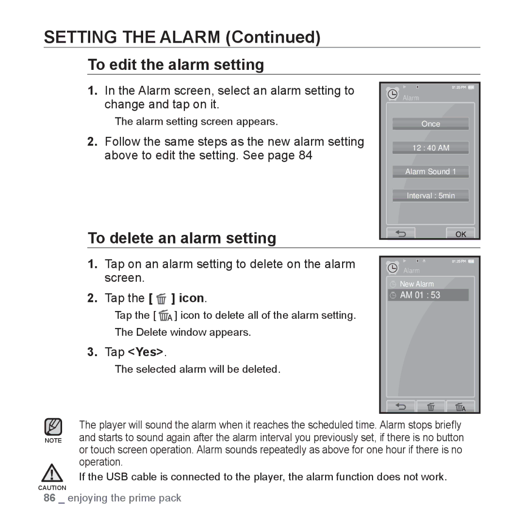 Samsung YP-P2 user manual To edit the alarm setting, To delete an alarm setting 