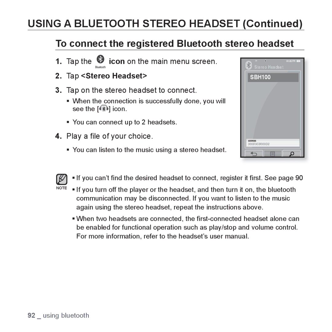 Samsung YP-P2 user manual To connect the registered Bluetooth stereo headset, Tap on the stereo headset to connect 