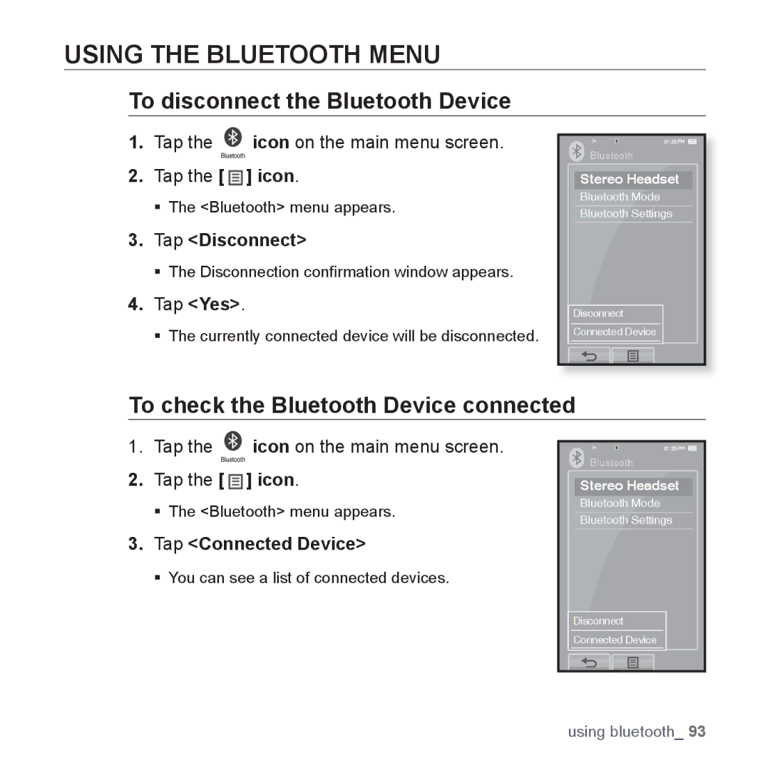 Samsung YP-P2 Using the Bluetooth Menu, To disconnect the Bluetooth Device, To check the Bluetooth Device connected 