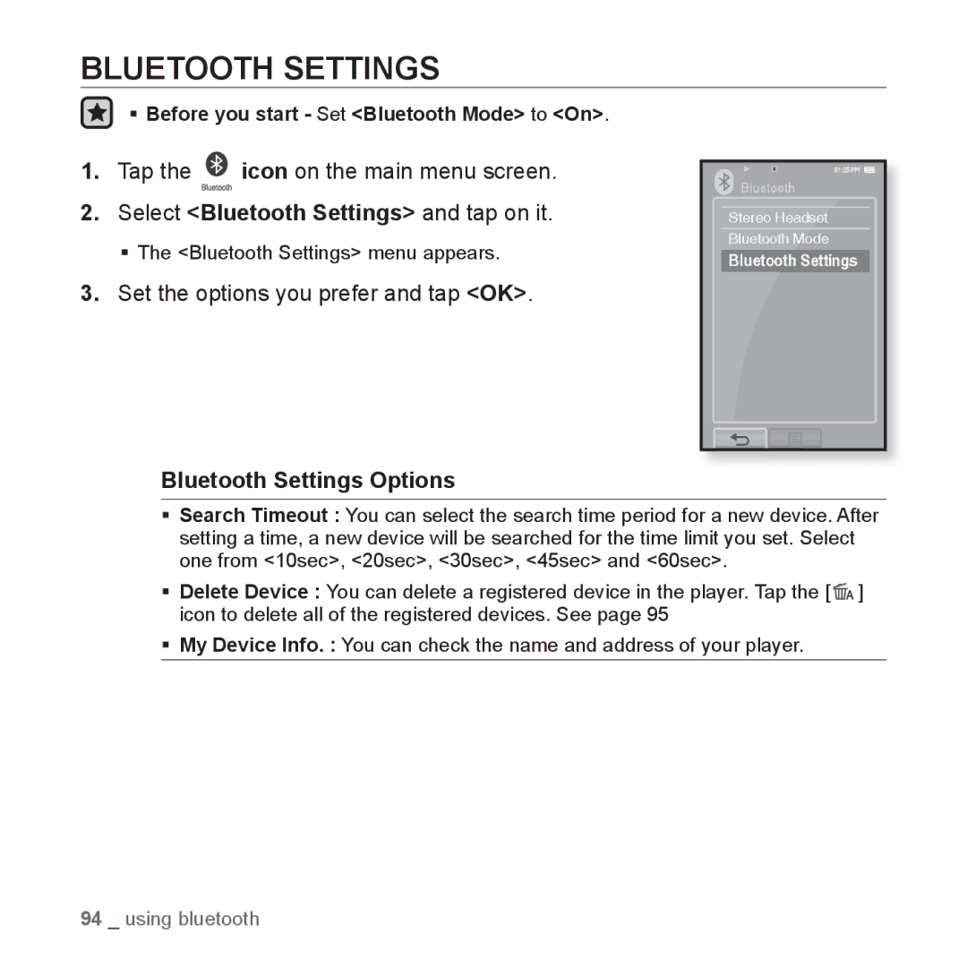 Samsung YP-P2 user manual Bluetooth Settings Options 