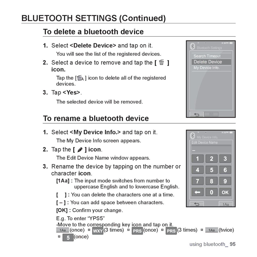 Samsung YP-P2 user manual Bluetooth Settings, To delete a bluetooth device, To rename a bluetooth device, Tap the icon 