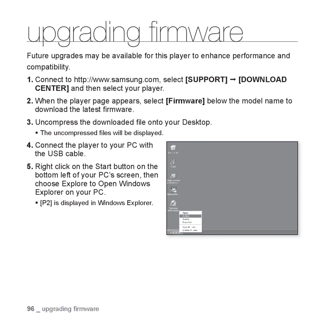 Samsung YP-P2 user manual Upgrading ﬁ rmware 