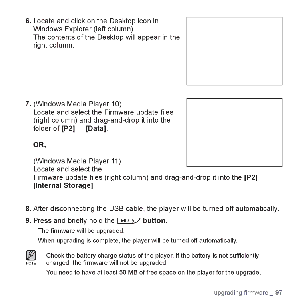 Samsung YP-P2 user manual Upgrading ﬁrmware 