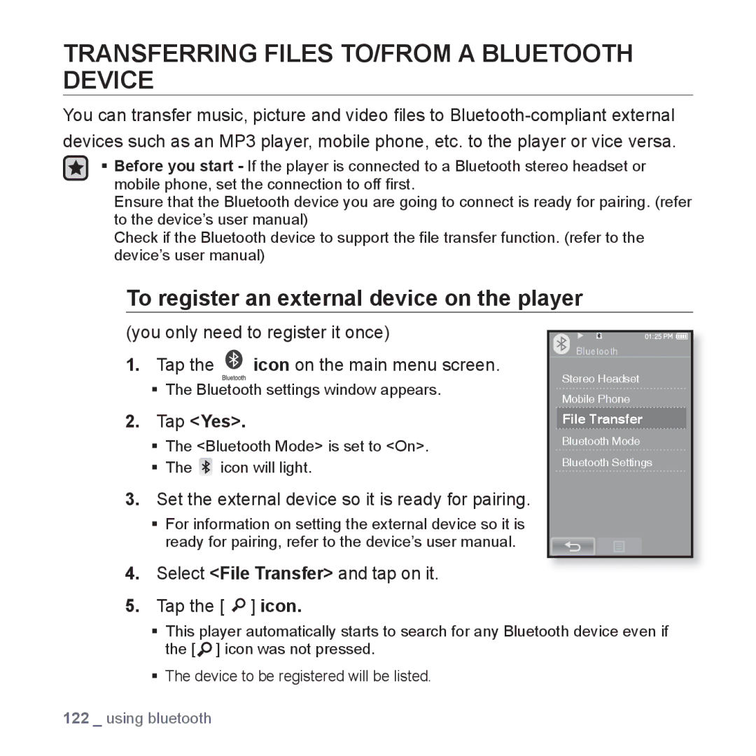 Samsung YP-P2QR/HAC manual Transferring Files TO/FROM a Bluetooth Device, To register an external device on the player 