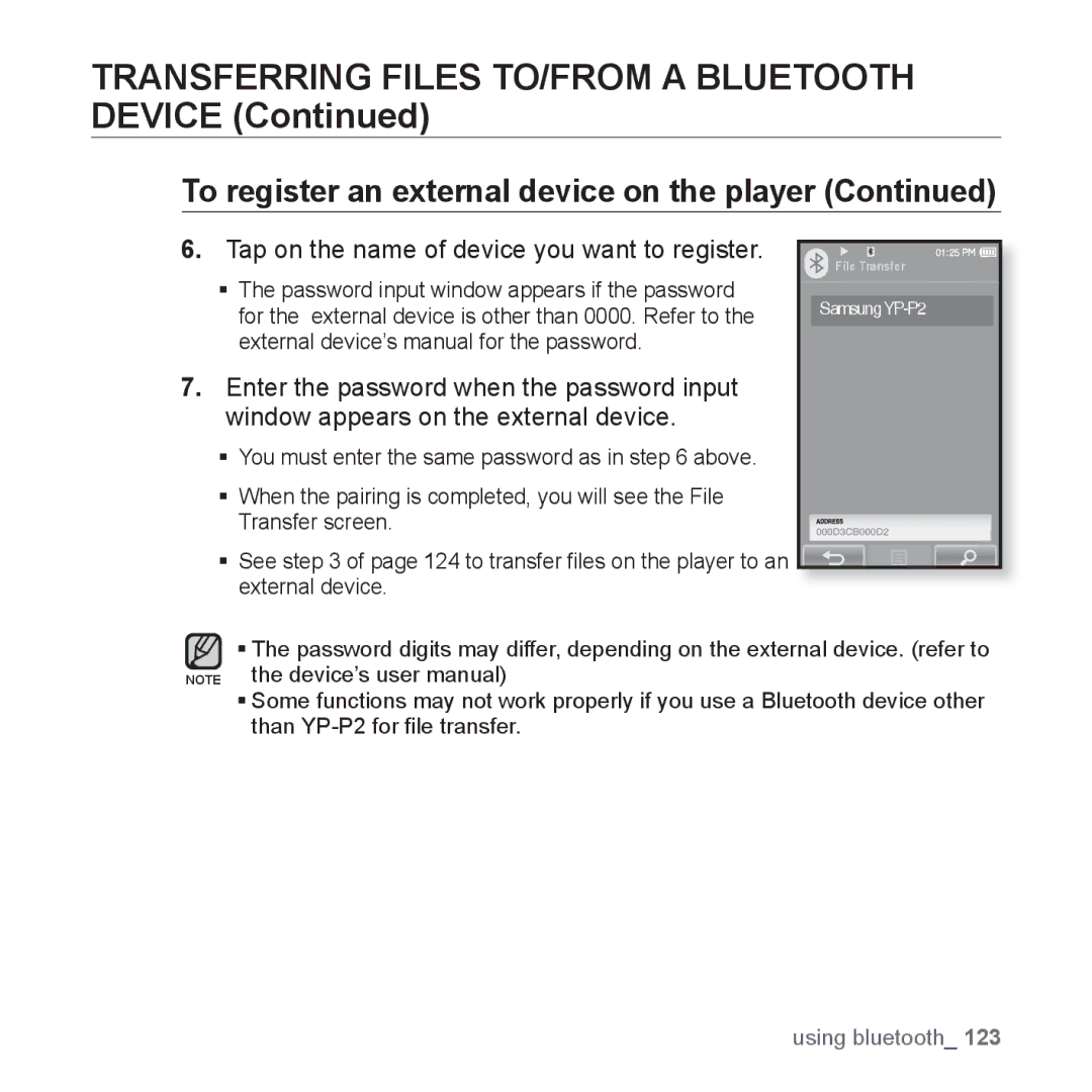 Samsung YP-P2QW/MEA manual Transferring Files TO/FROM a Bluetooth Device, Tap on the name of device you want to register 