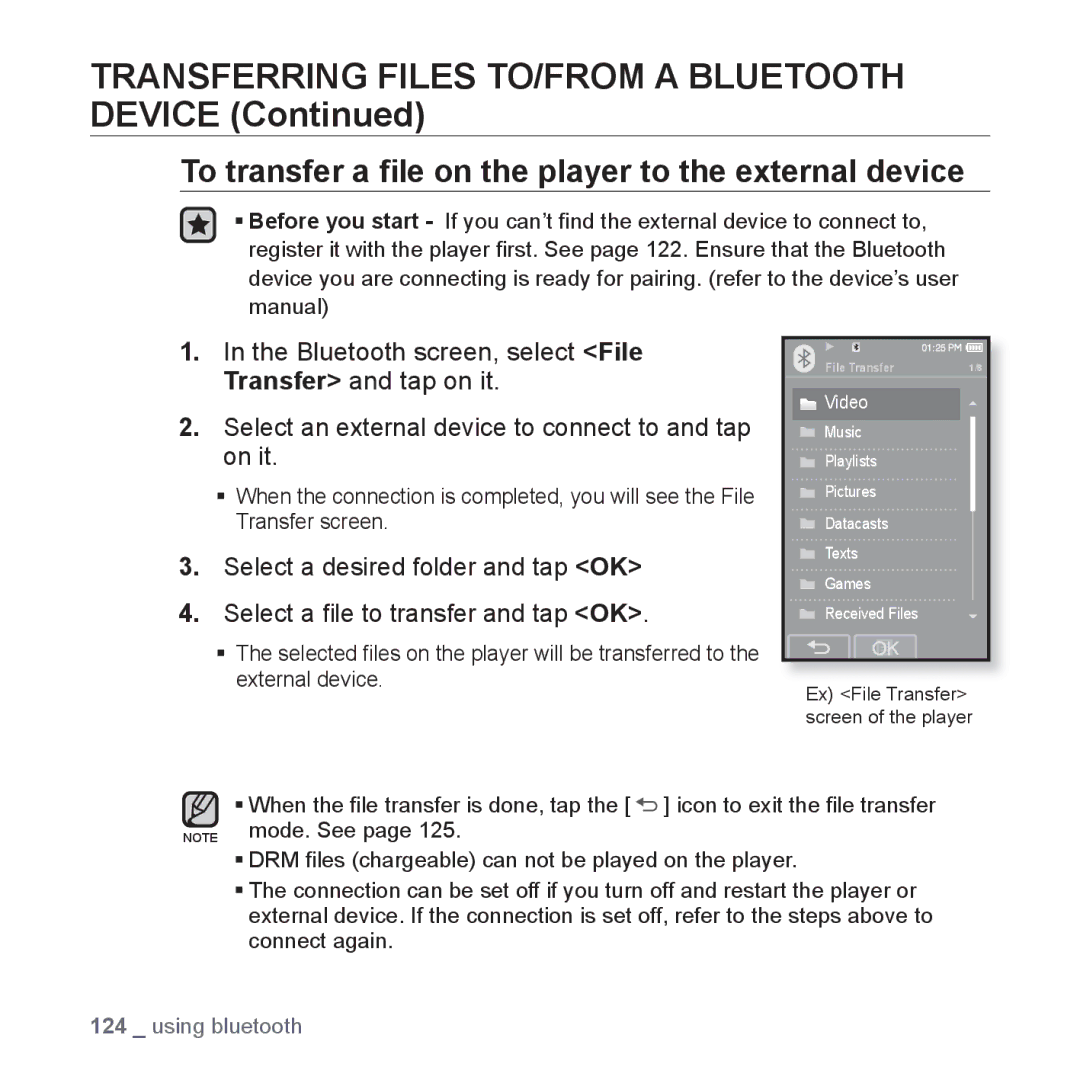 Samsung YP-P2CR/AAW, YP-P2AB/MEA, YP-P2AB/AAW, YP-P2AW/MEA manual To transfer a ﬁle on the player to the external device 