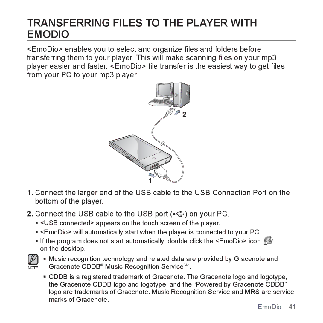 Samsung YP-P2AB/HAC, YP-P2AB/MEA, YP-P2AB/AAW, YP-P2AW/MEA, YP-P2AW/SUN manual Transferring Files to the Player with Emodio 