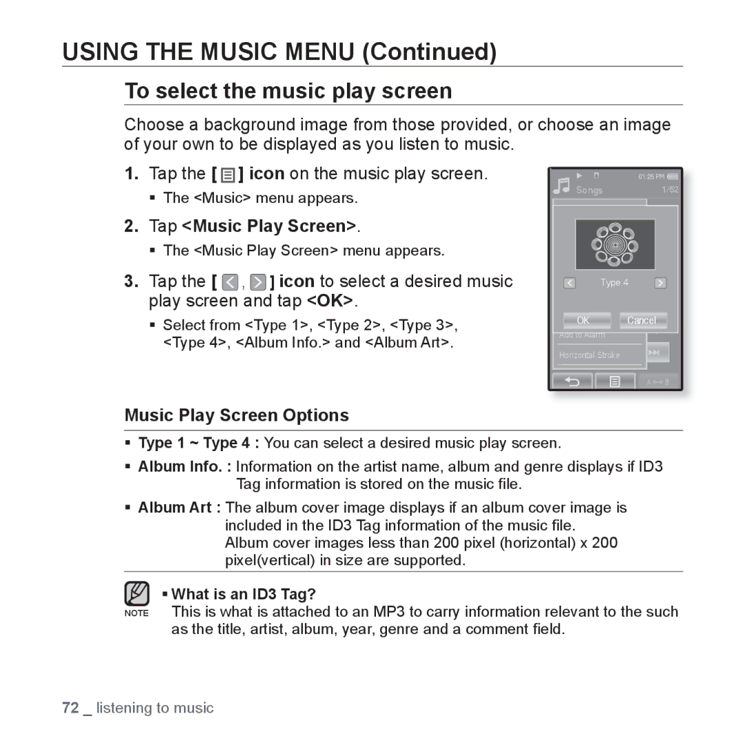 Samsung YP-P2AW/MEA, YP-P2AB/MEA manual To select the music play screen, Tap Music Play Screen, Music Play Screen Options 