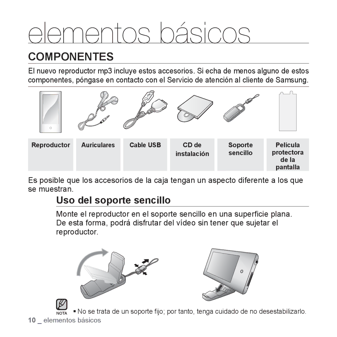 Samsung YP-P2AB/MEA manual Componentes, Uso del soporte sencillo 