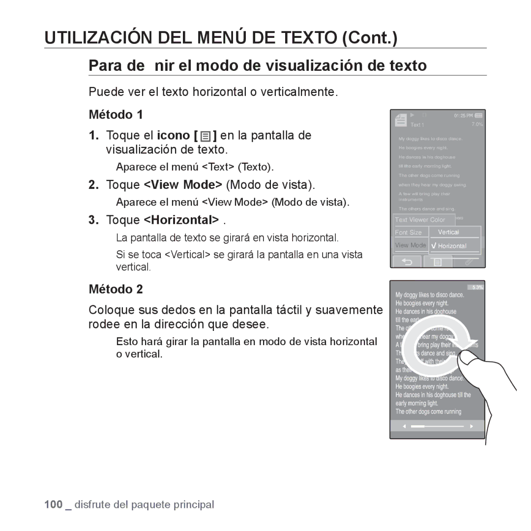 Samsung YP-P2AB/MEA manual Para deﬁnir el modo de visualización de texto, Puede ver el texto horizontal o verticalmente 