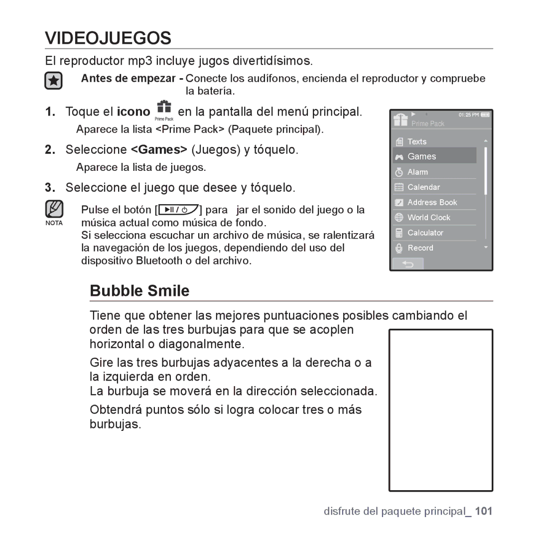 Samsung YP-P2AB/MEA manual Videojuegos, Bubble Smile, El reproductor mp3 incluye jugos divertidísimos 