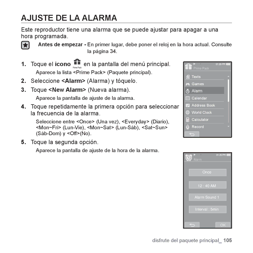 Samsung YP-P2AB/MEA manual Ajuste DE LA Alarma, Toque la segunda opción 