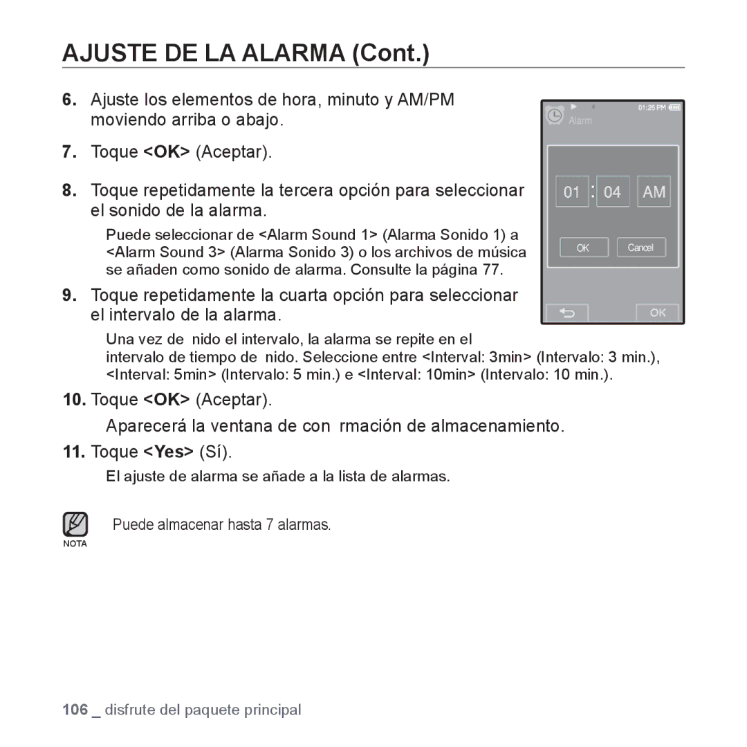 Samsung YP-P2AB/MEA manual Ajuste DE LA Alarma 