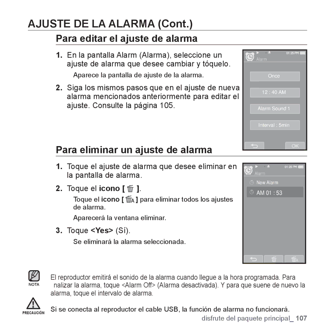 Samsung YP-P2AB/MEA manual Para editar el ajuste de alarma, Para eliminar un ajuste de alarma 